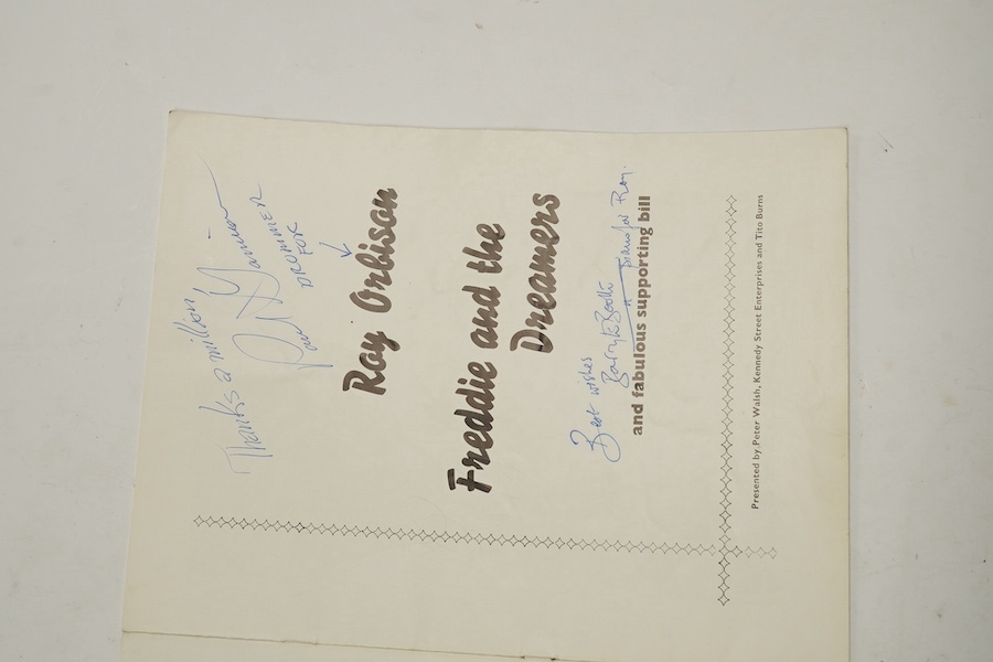 Roy Orbison and Freddie and the Dreamers concert programme including an extensive collection of autographs from members of the bands and support acts involved. Condition fair to good, minor age wear.